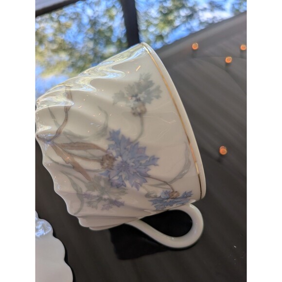 Haviland Limoges Bergere France Tea Cup & Saucer 1990 Blue Floral China Gold - Picture 8 of 13